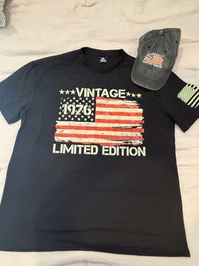Faded Glory Black Short Sleeve Tee with Red & White Flag Graphic & Hat